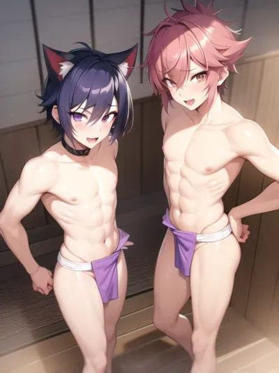 Two hot sexy twinks, two japanese femboy twinks, Asian, Korean twinks, sexy cute, submissive and breedable, adorable, femboy, spikey purple hair, topless, wearing only a towel around waist, nudes, seductive, playful, shy, in sauna looking at viewer penis poking through towel